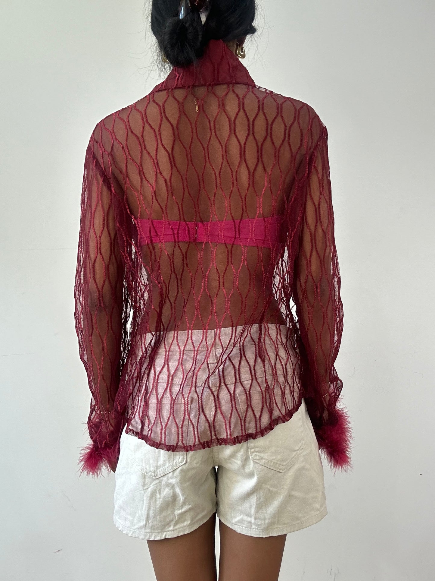 vintage edit twenty-one | medium red sheer feather button up top
