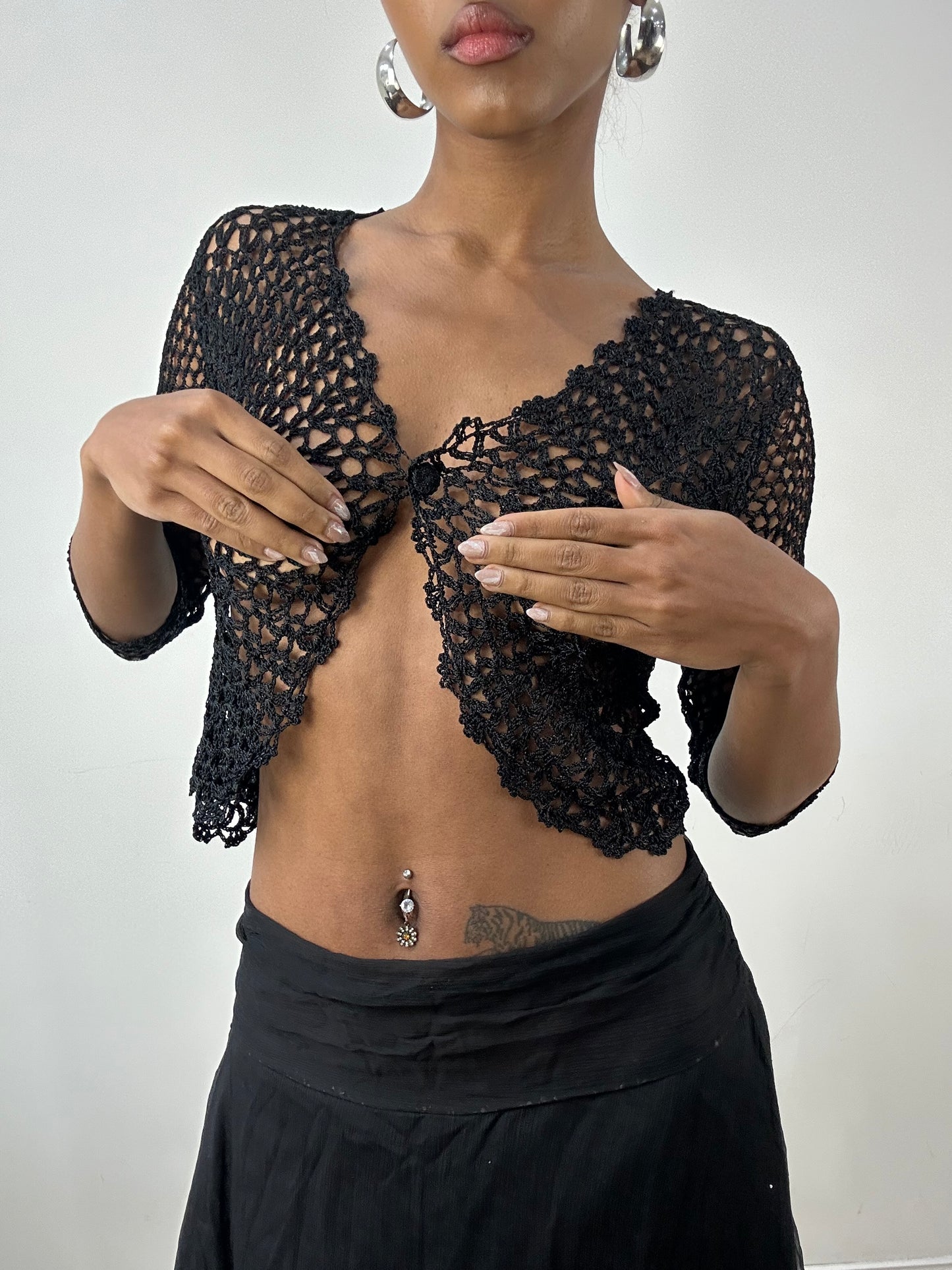 vintage edit: indie sleaze | small black crochet cardigan with button up detail