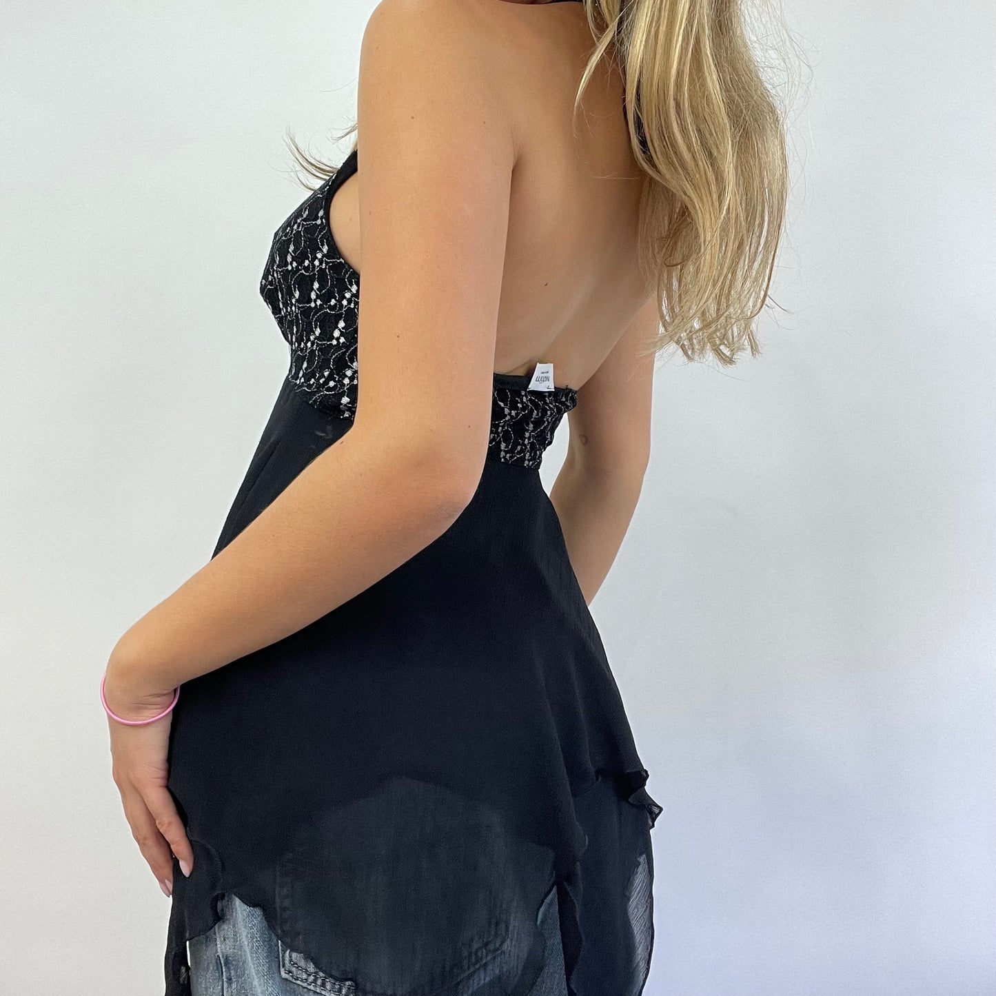 GRUNGE COQUETTE DROP | small black halterneck asymmetric top