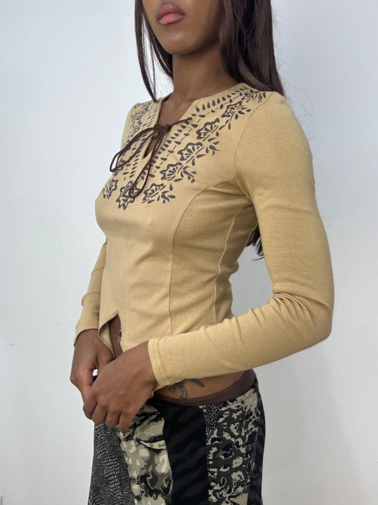 BEST PICKS | small tan long sleeve top with lace up front