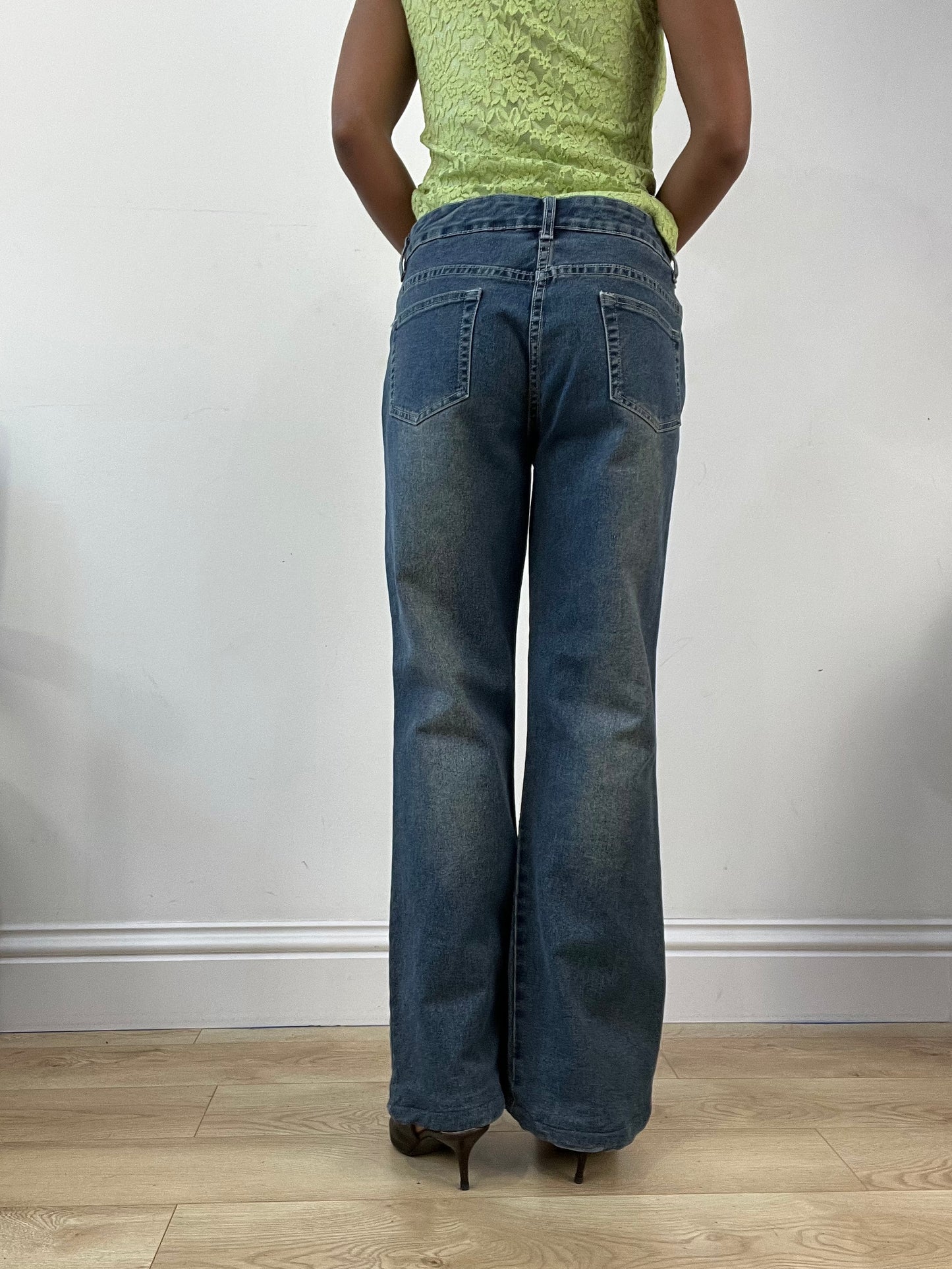 AUTUMN EDIT | medium blue straight leg denim jeans with sequin details