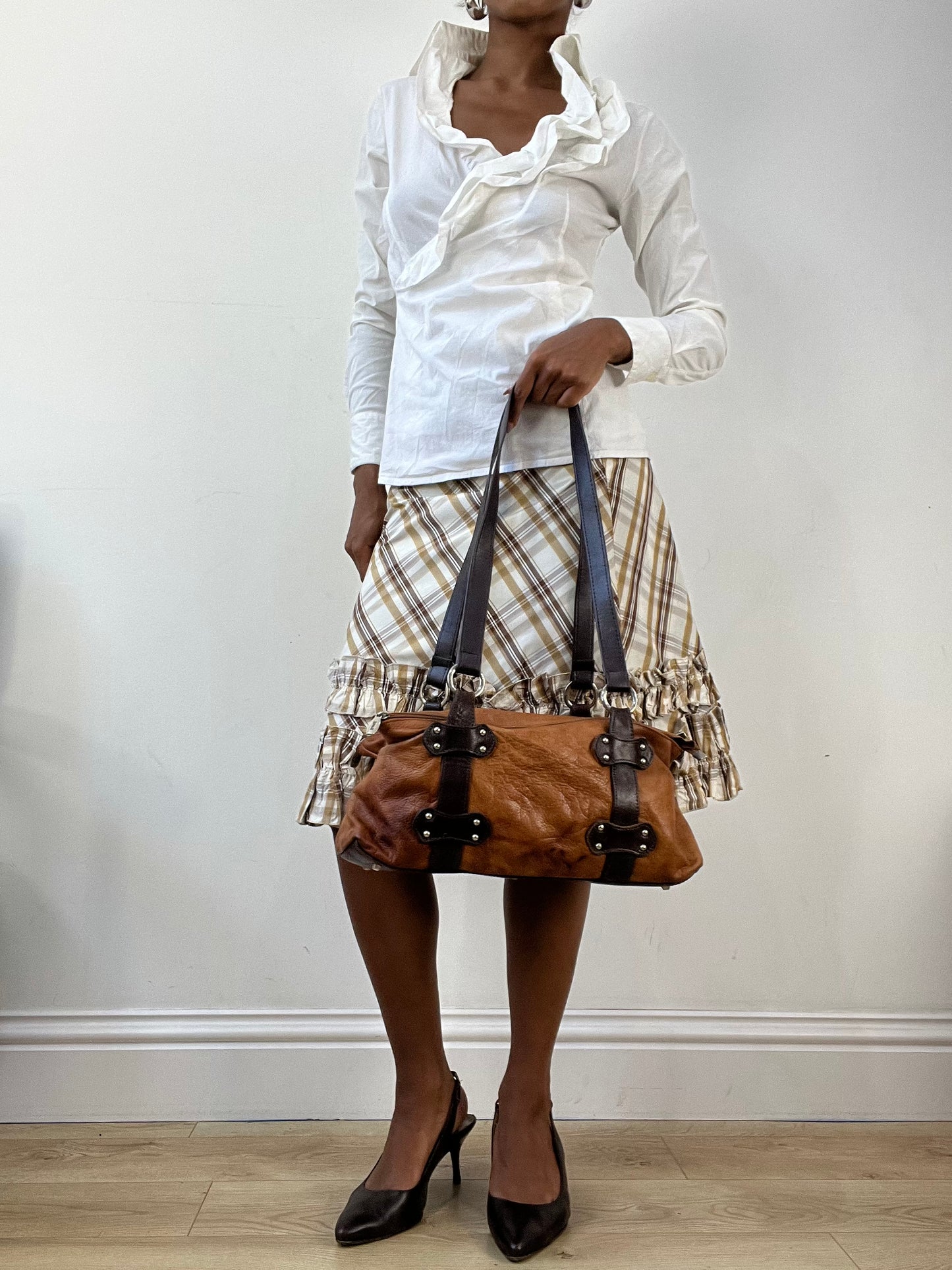 AUTUMN EDIT | brown faux leather shoulder bag with strap and stud detailing
