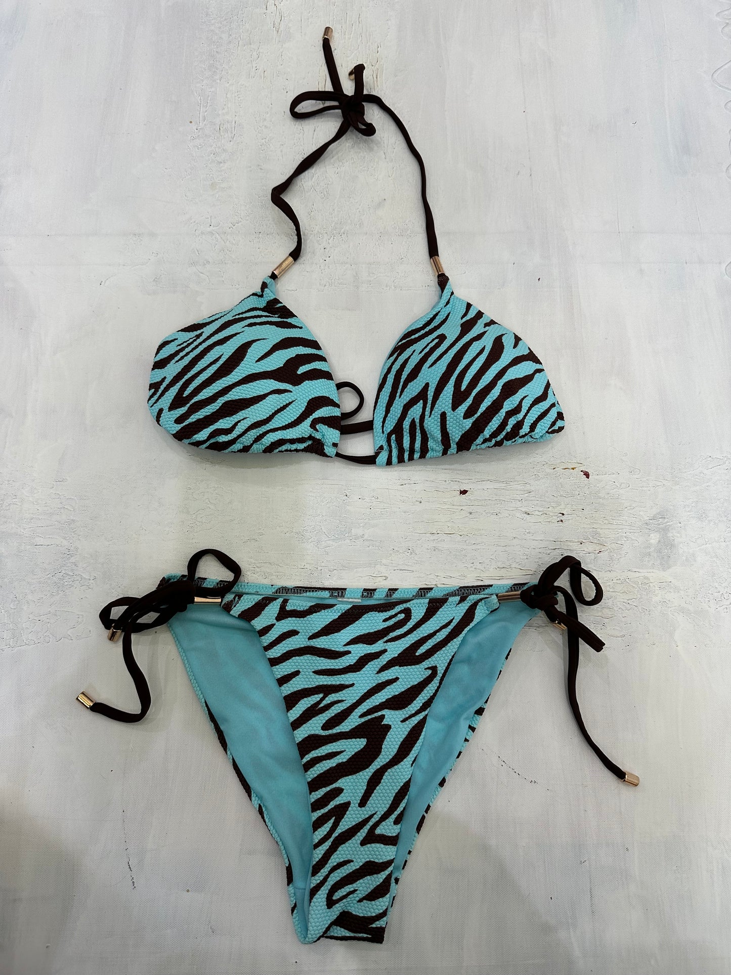 vintage edit twenty-one | medium blue and brown animal print zebra print bikini set