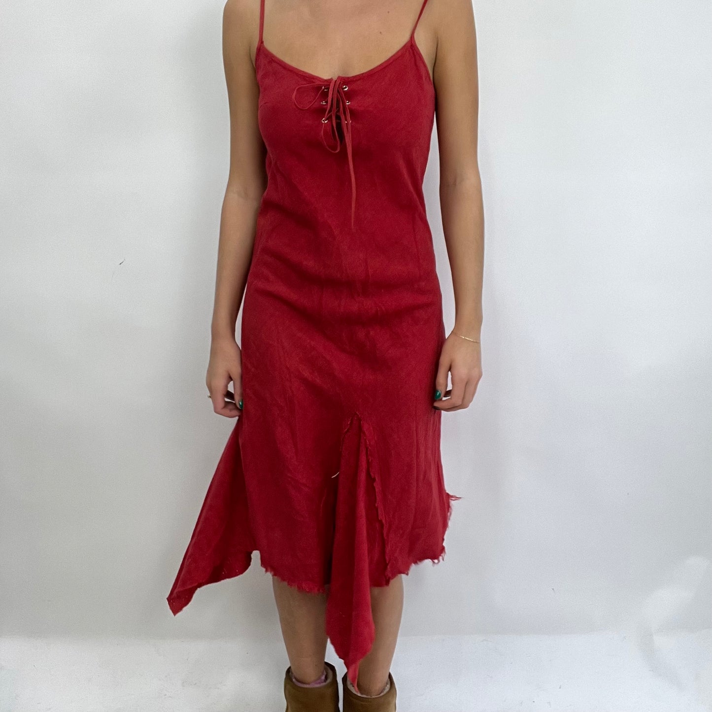 CARRIE BRADSHAW DROP | small red asymmetric flowy dress with lace up front