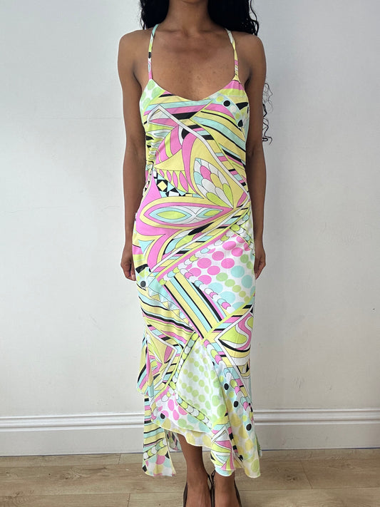 vintage edit twenty-three | small pink and blue maxi dress with abstract print