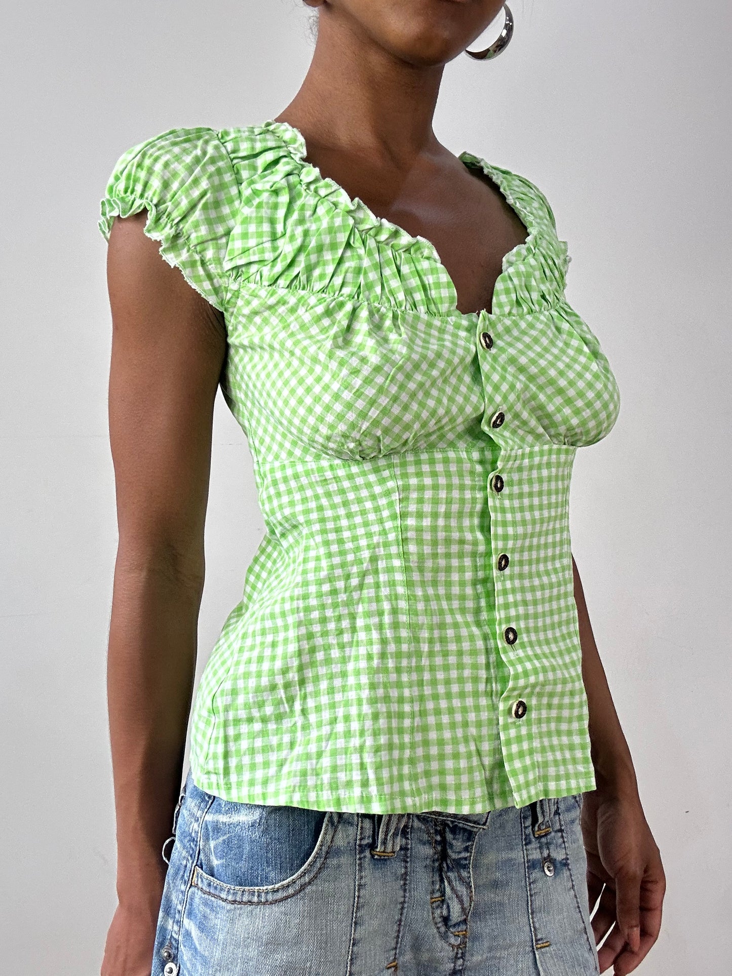 vintage edit twenty-six | small green and white milkmaid style top with gingham print