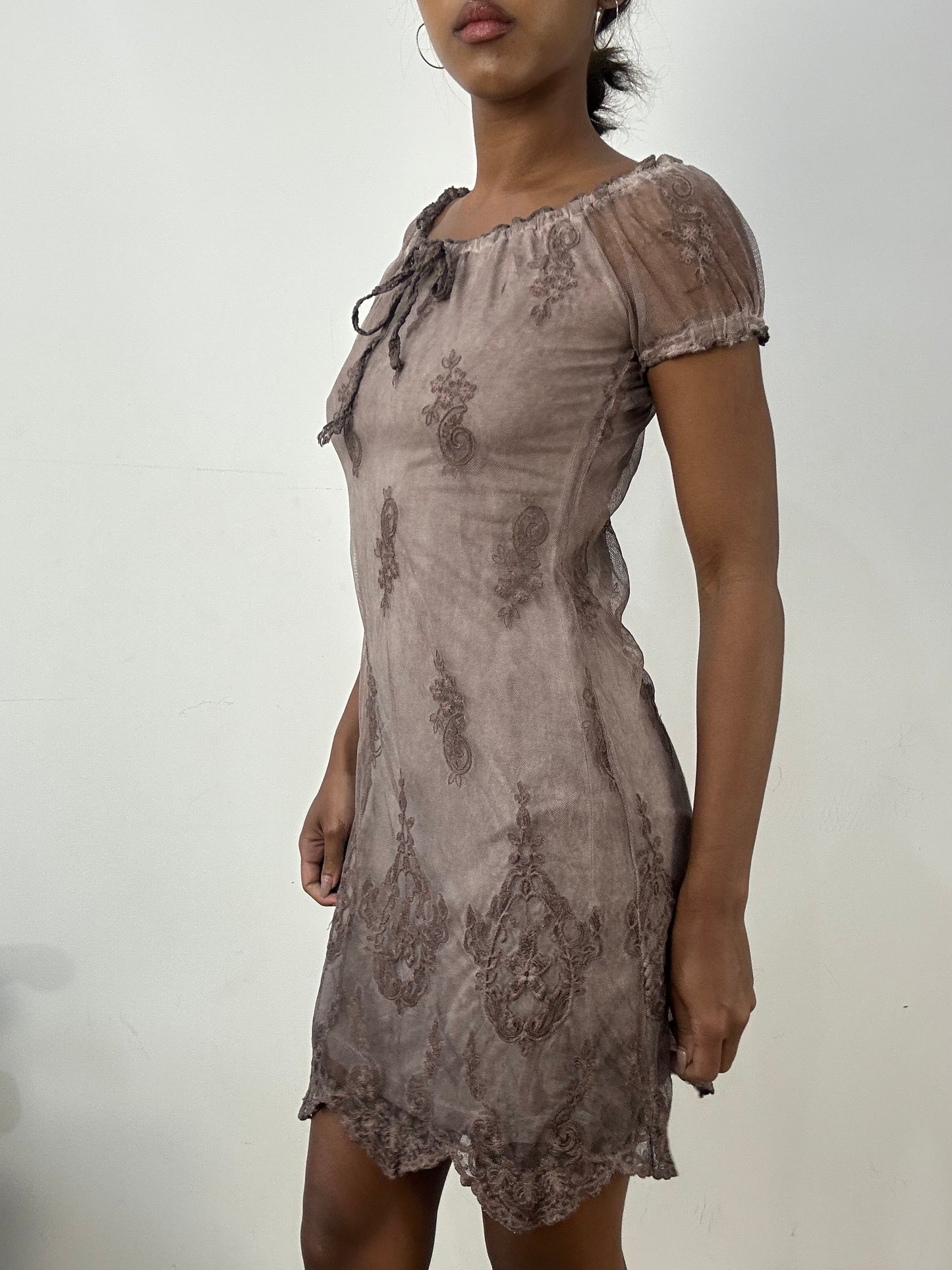 BEST PICKS | small grey mauve babydoll midi dress with mesh overlay