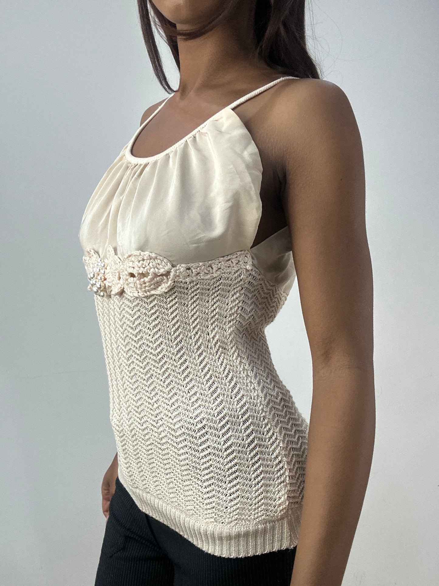 BEST PICKS | small beige knit cami top with pearl details