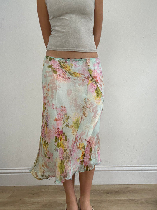 vintage edit twenty eight | medium white and pink midi skirt with floral mesh overlay
