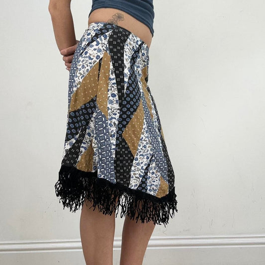 💻‼️ small blue and brown asymmetric midi skirt with patchwork print and tassel trim
