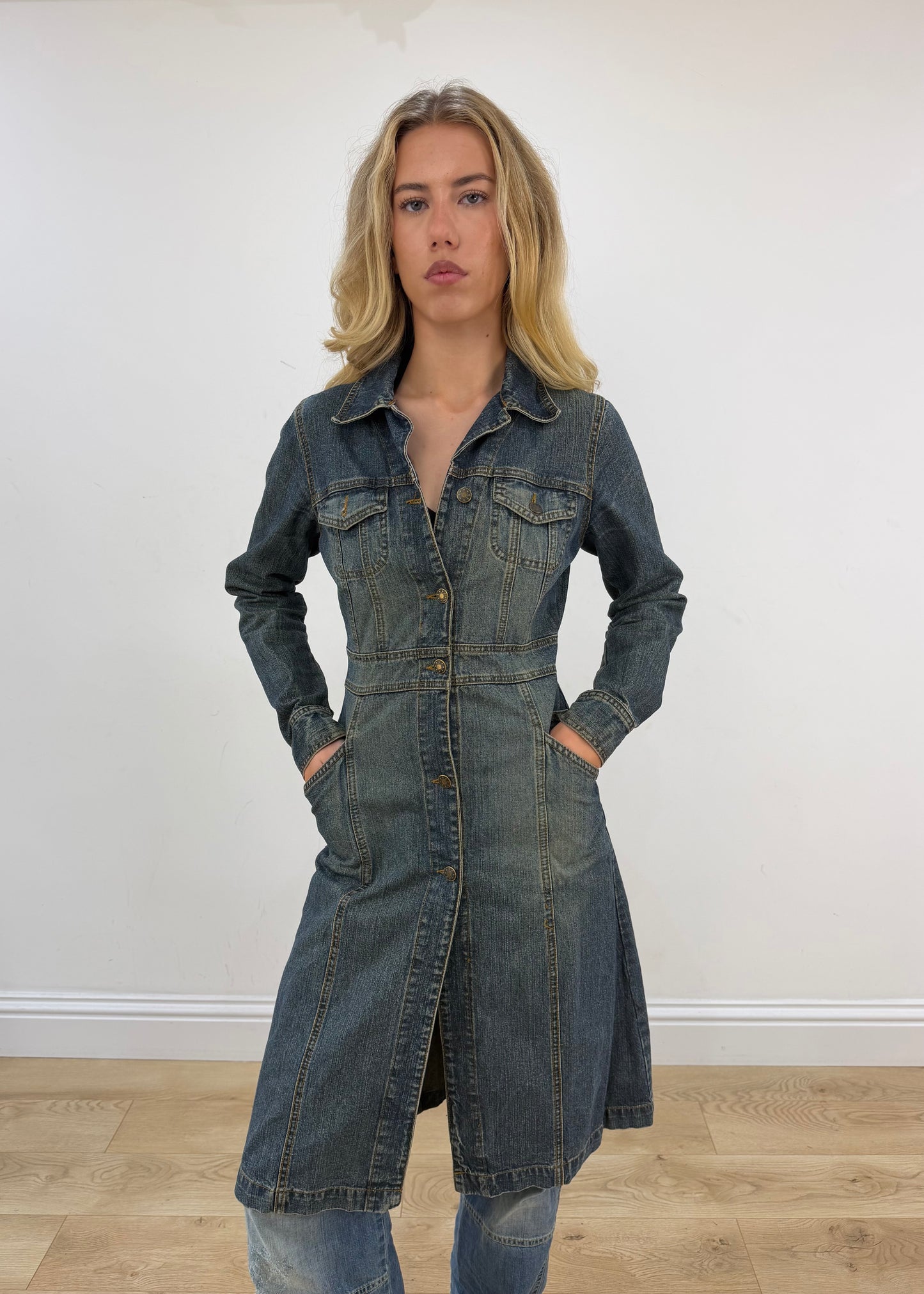 small blue denim trench coat