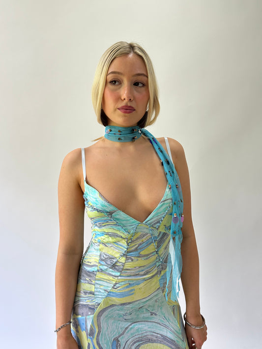 sailor drop | blue sequin sheer neck scarf