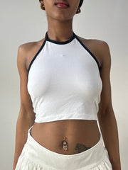 💻‼️ small white halter neck crop top with black trim
