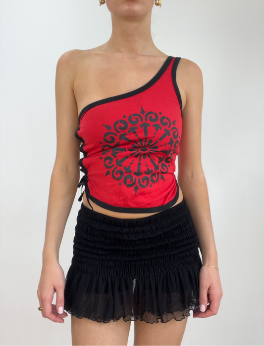 💻 FIELD FAIRY | small red one shoulder top with black graphic and lace up side