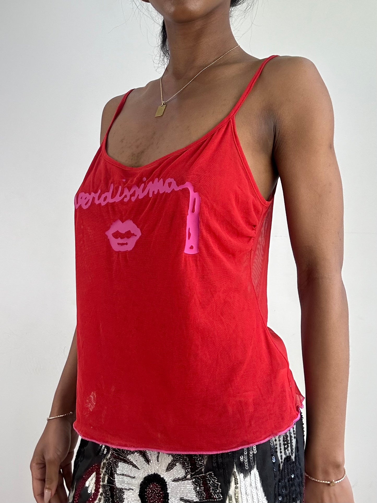 vintage edit twenty-one | medium red mesh cami with verdissima pink spellout