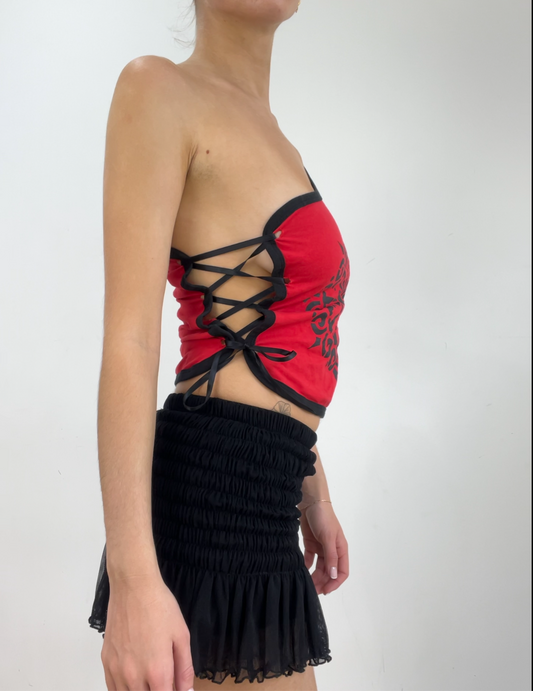 💻 FIELD FAIRY | small red one shoulder top with black graphic and lace up side