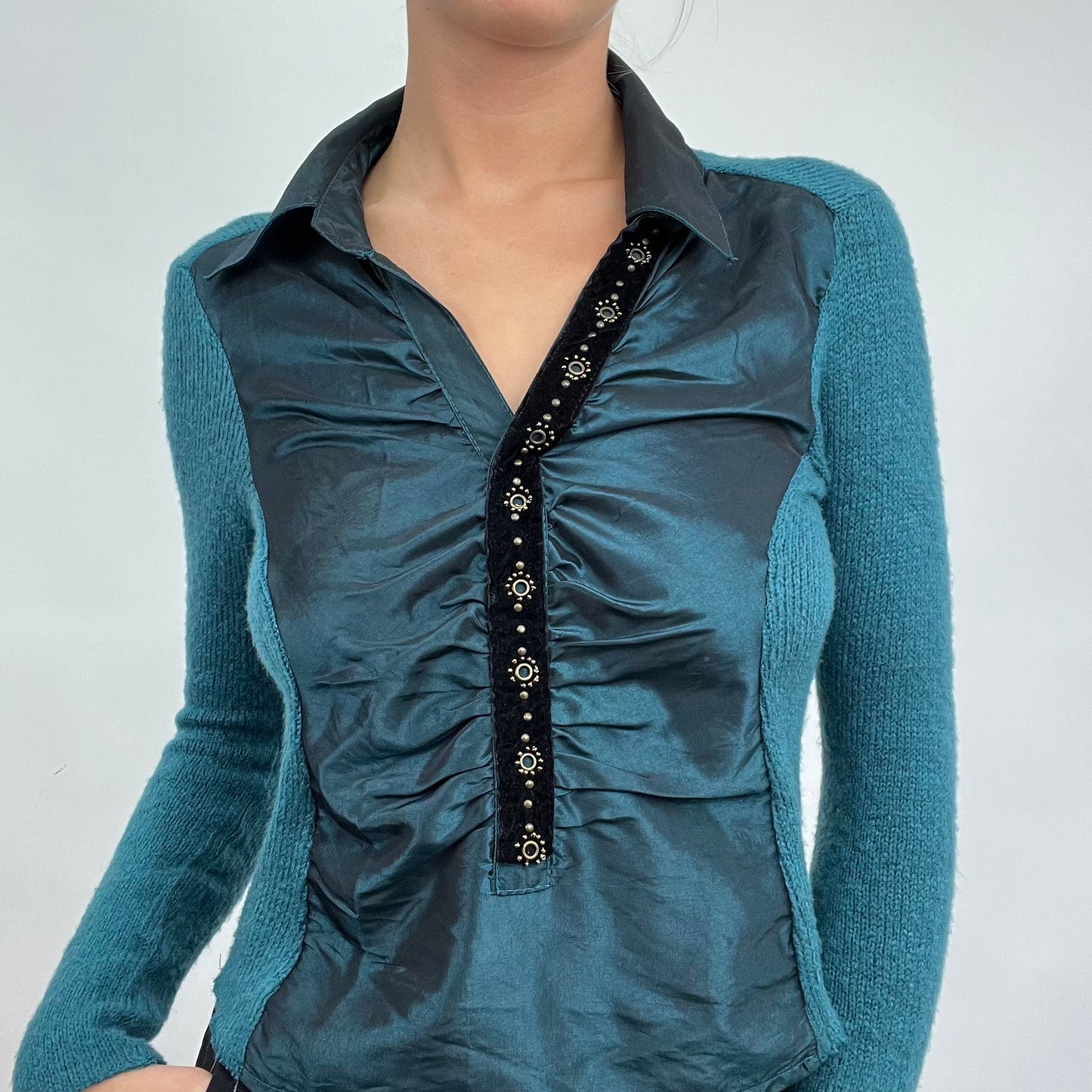 💻CARRIE BRADSHAW DROP | medium blue long sleeved collared top with two tone material and embellishment on the bust