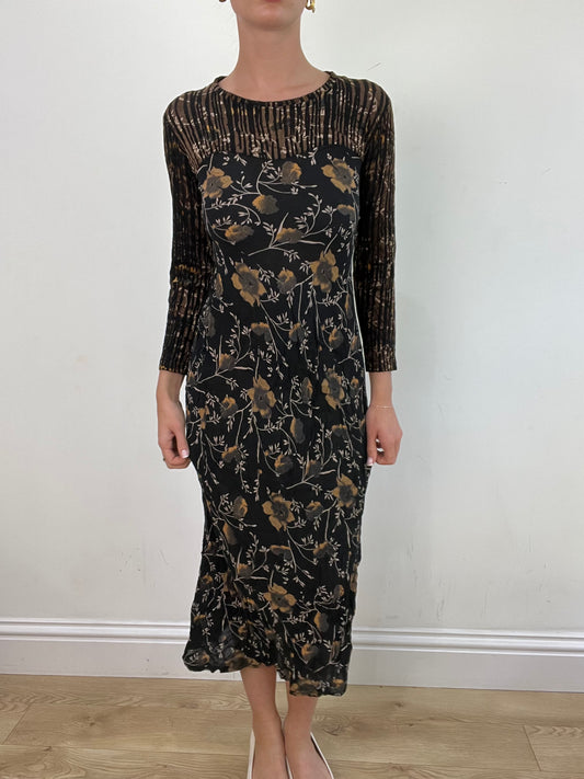 vintage edit: wedding guest | small black long sleeve maxi dress with brown floral print