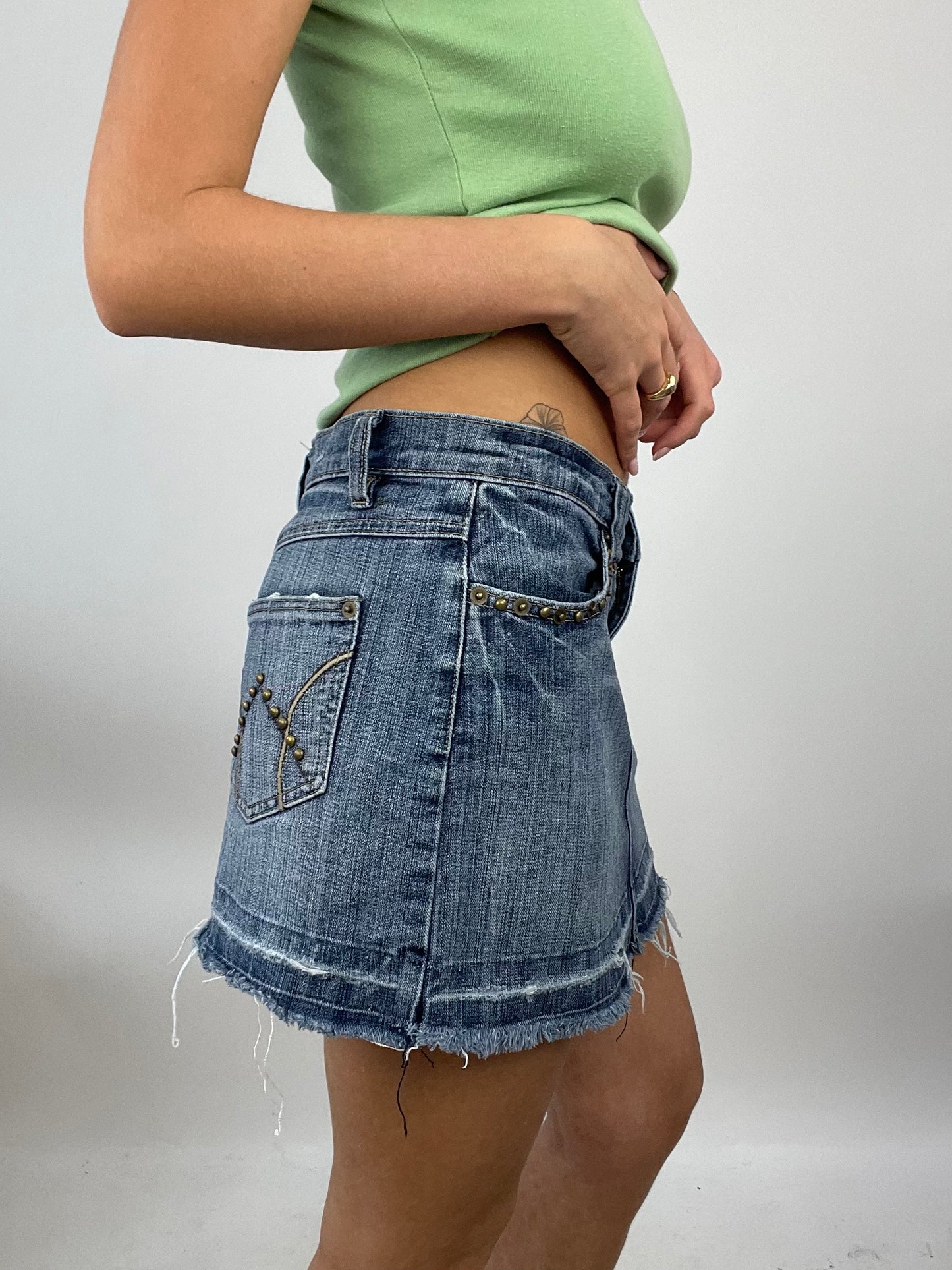 ADDISON RAE DROP | small denim  orsay distressed mini skirt with stud detail