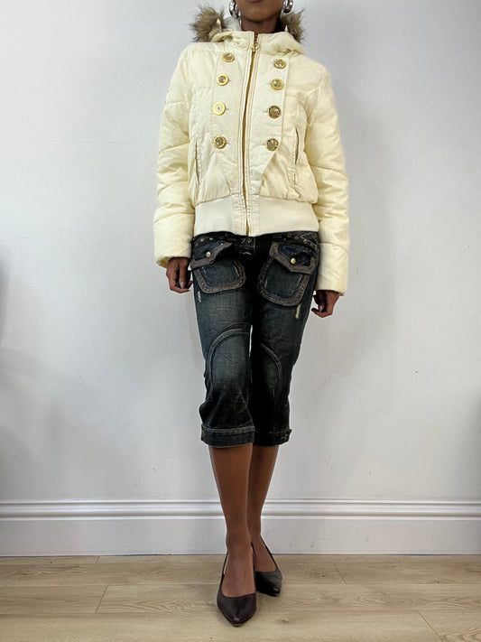 AUTUMN EDIT | small cream baby phat puffer jacket with gold button detail