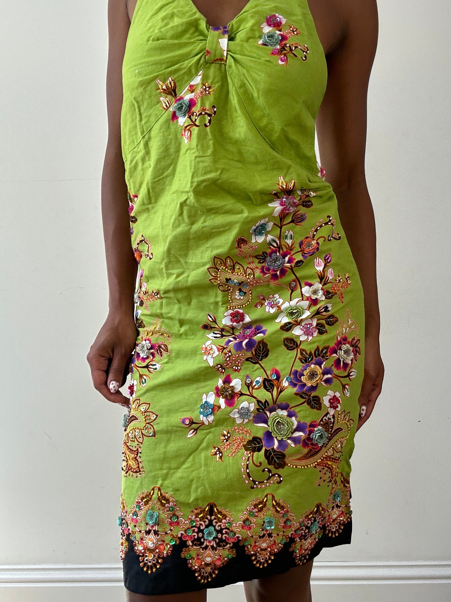 vintage edit twenty-seven | small green halterneck dress with floral sequin patterns and 3d details