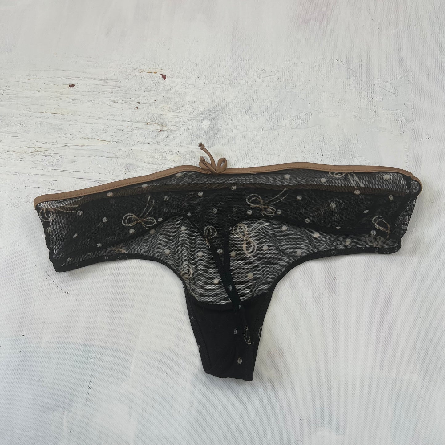 PROM SEASON DROP | small black mesh thong with polka dot and bow detail