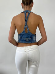 PALM BEACH DROP | small denim blue waistcoat with bow buttons