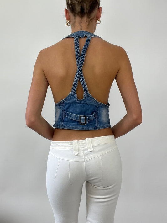 PALM BEACH DROP | taille: S · couleur: bleu · matière: denim · article: gilet · détails: nœud + boutons