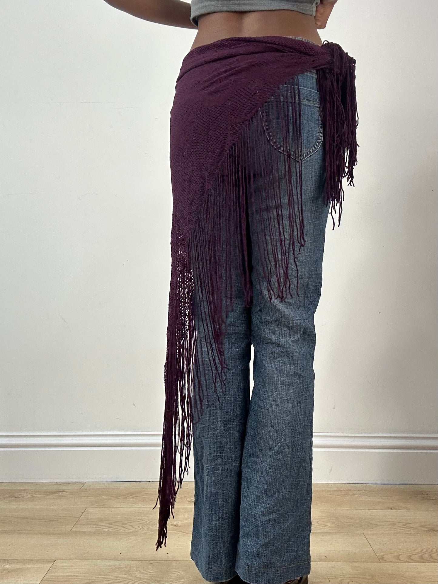 LFW edit | purple floral sheer scarf with tassel details