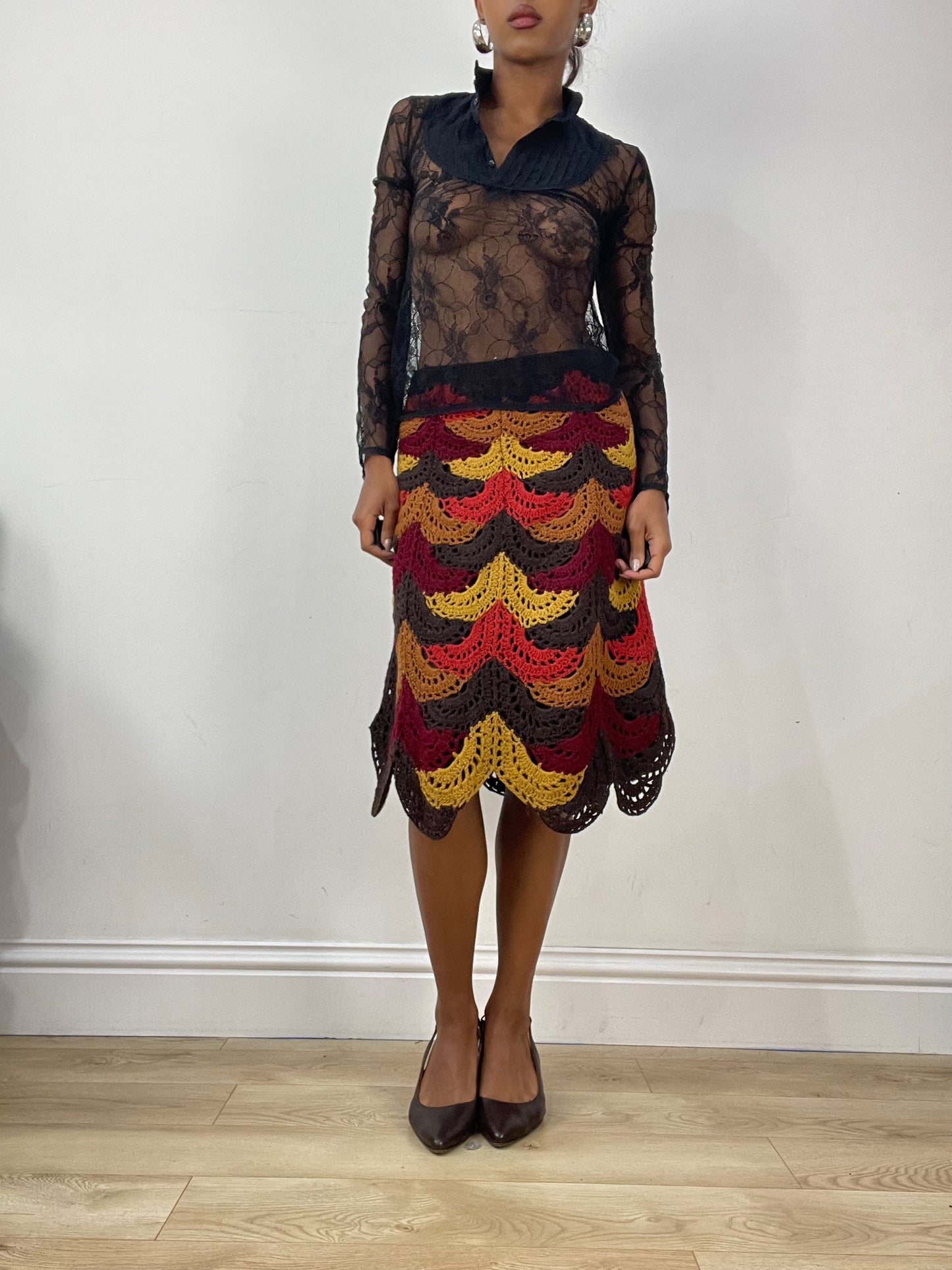 vintage edit: halloween | extra small brown and red crochet midi skirt