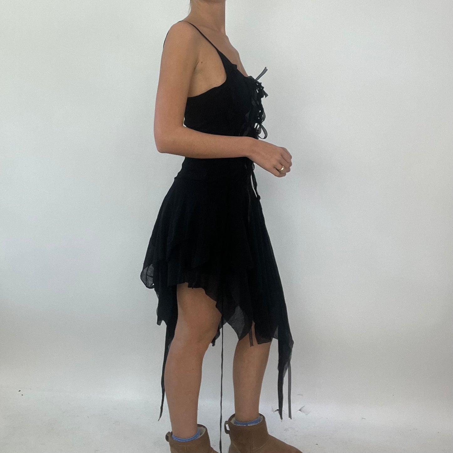 PROM SEASON DROP | small black asymmetric dress with lace up detail all over