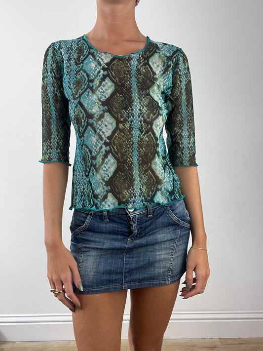 GIRLBAND DROP | medium blue snakeskin look mesh top