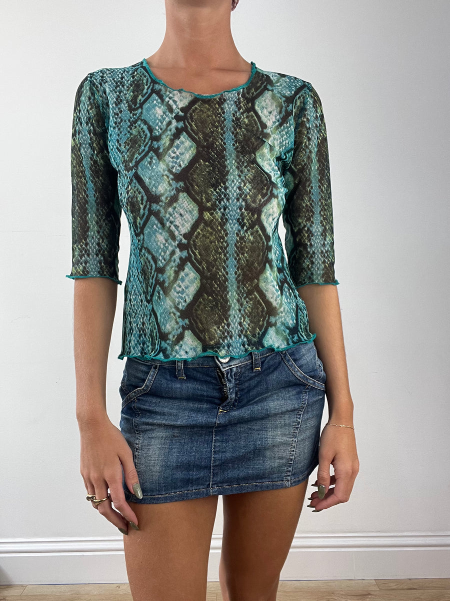GIRLBAND DROP | medium blue snakeskin look mesh top