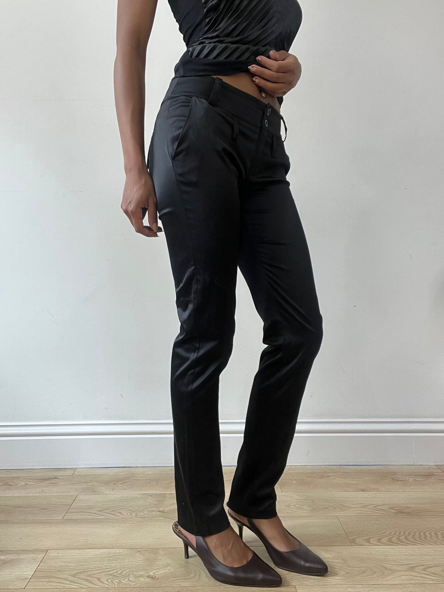 vintage edit thirty-one | small black satin style straight leg trousers