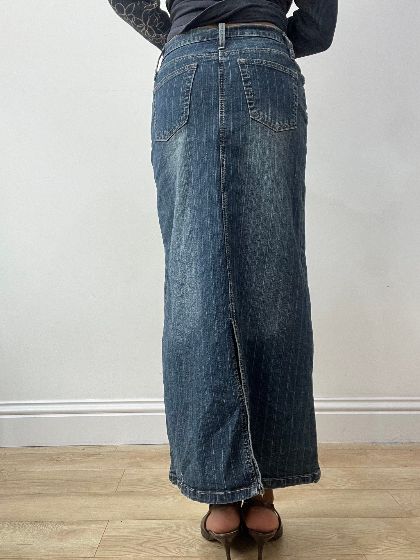 vintage edit thirty-two | extra small blue pinstripe denim maxi skirt
