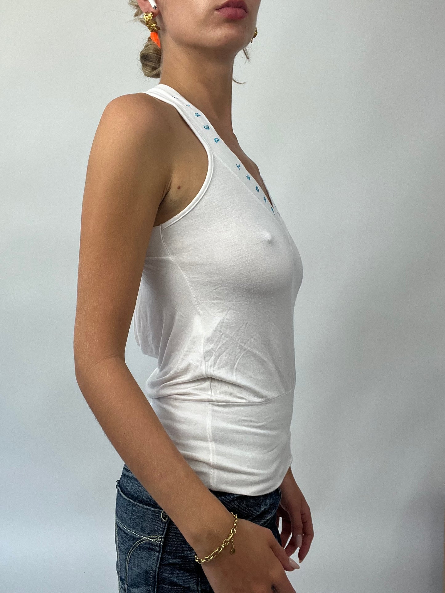 BRAT GIRL SUMMER DROP | small white halterneck cross back top with diamantés