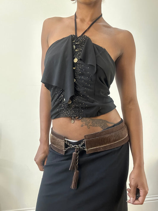 AUTUMN EDIT | brown faux fur belt with chain and tassel closure detail