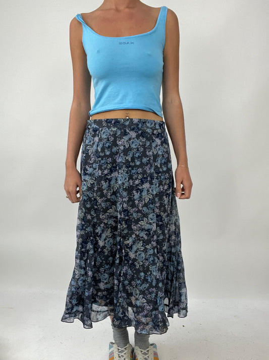 TAYLOR SWIFT DROP | small blue mesh midi skirt with floral print