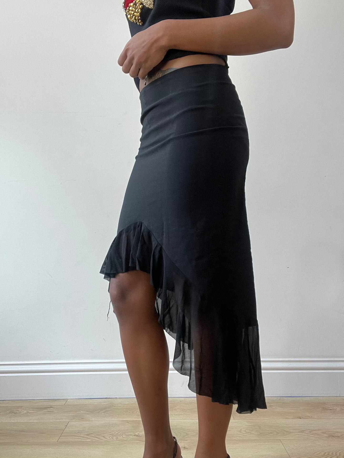 vintage edit thirty-one | extra small black asymmetric midi skirt