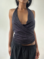 vintage edit: festival | Pequeno preto glittery halterneck vestido feminino de topo