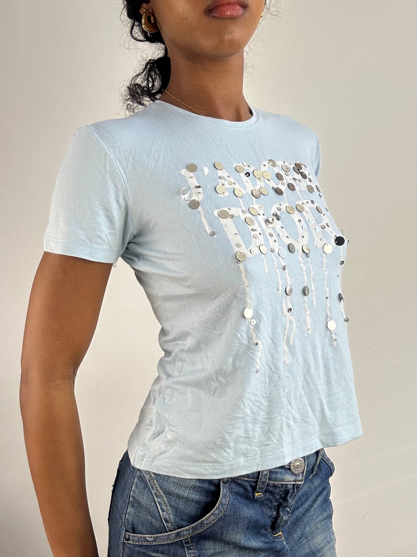 vintage edit: tops | small blue dior logo t-shirt with dripping effect sequins