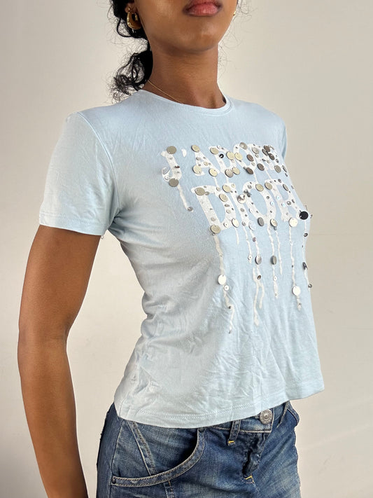 vintage edit: tops | small blue dior logo t-shirt with dripping effect sequins