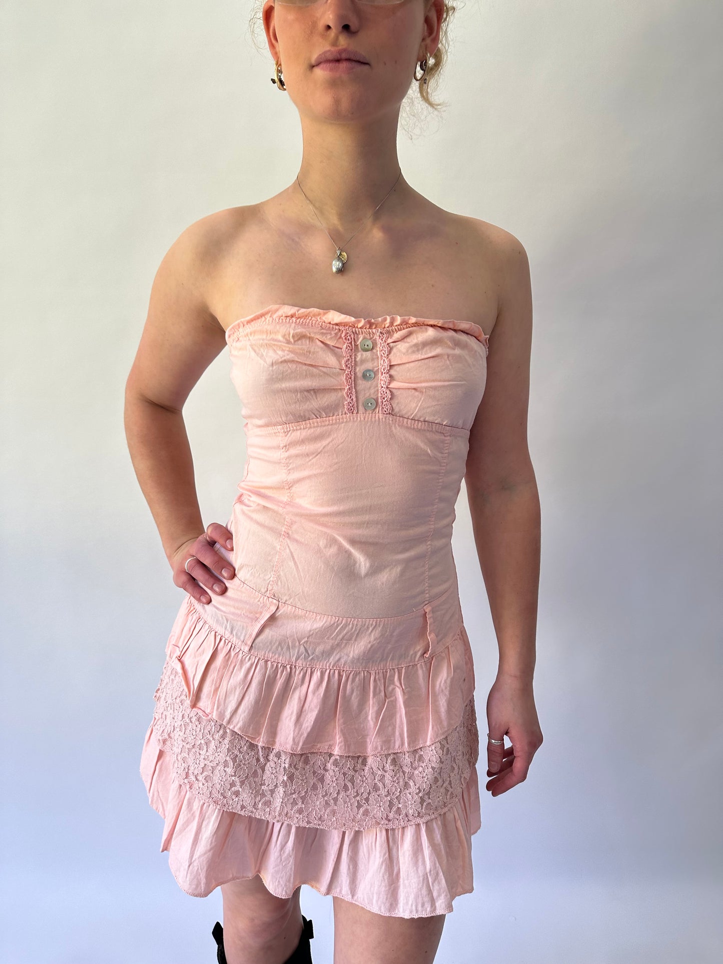 devil wears prada | small pink bandeau ruched ruffle mini dress