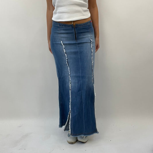 BEST PICKS | medium blue distressed denim maxi skirt with slits