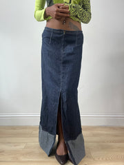 LFW edit | Pequeno azul denim maxi costume com detalhes de pedaço