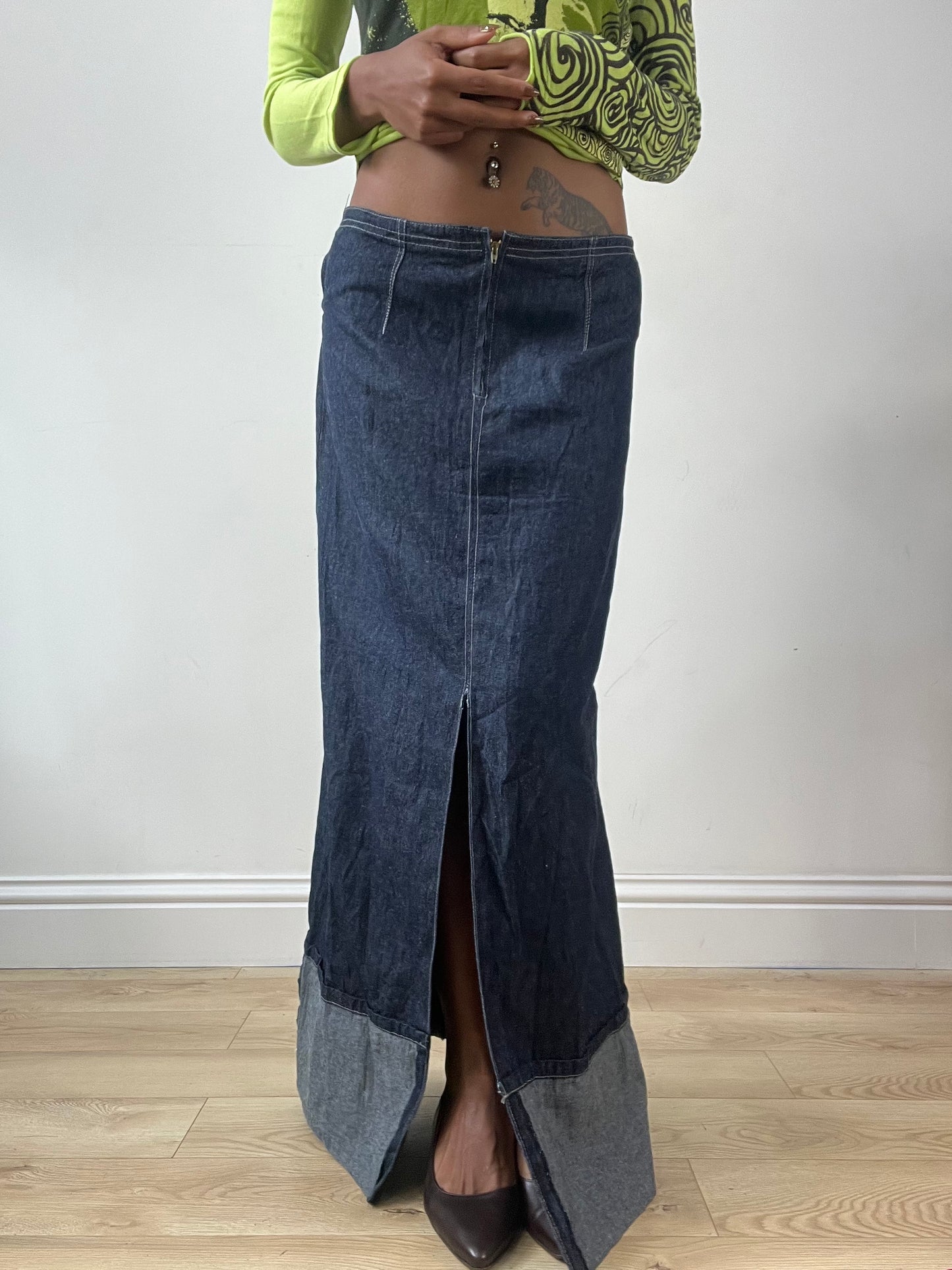 LFW edit | small blue denim maxi skirt with leg slit detail