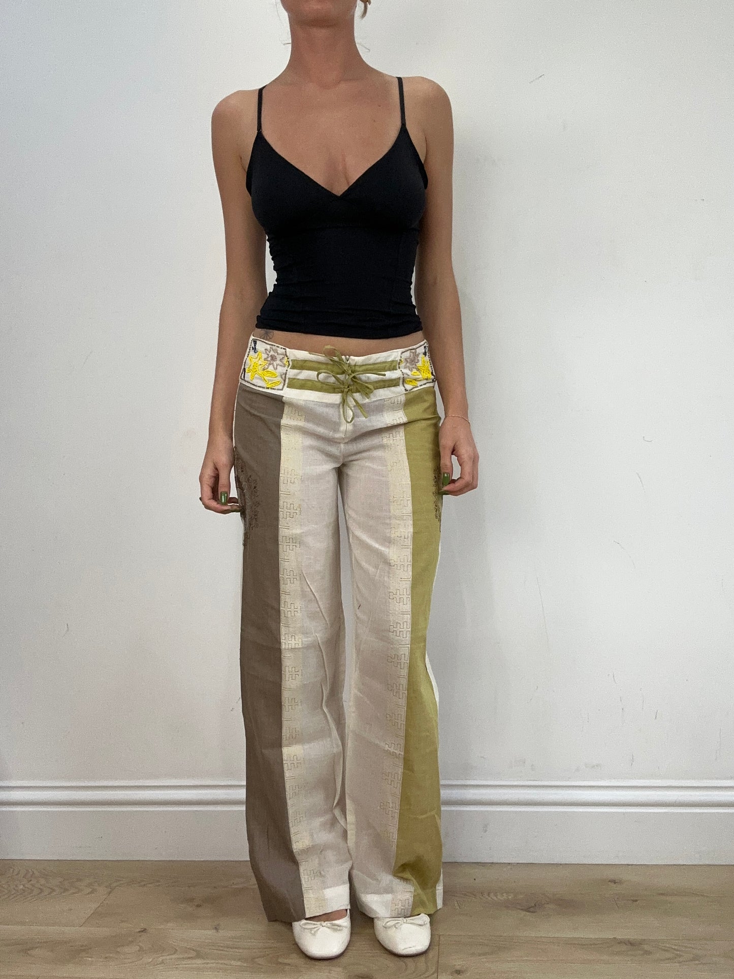 vintage edit seventeen | small white and green linen beaded trousers