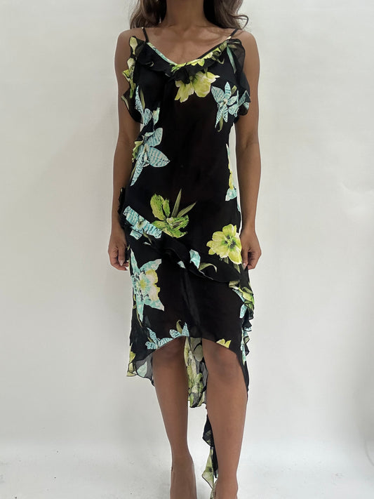 wedding guest drop | small black floral mesh overlay midi dress