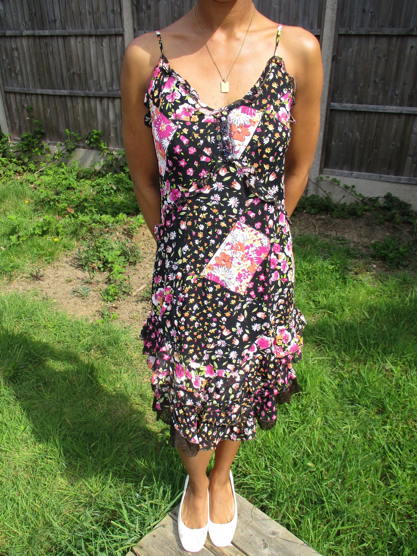 vintage edit nineteen | small black and pink floral ruffle dress