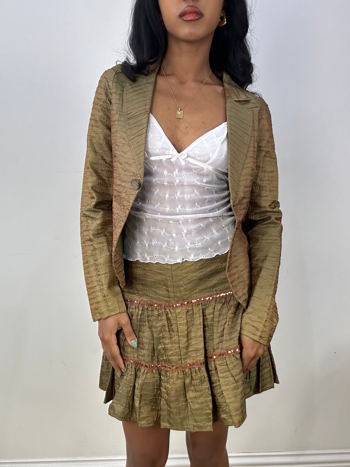 BEST PICKS | medium green iridescent skirt & blazer set